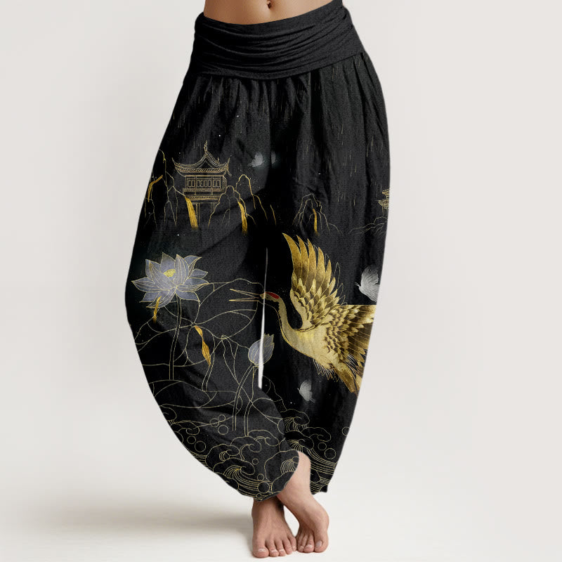 Buddha Stones Cotton Crane Lotus Mountain Pavilion Pattern Women's Elastic Waist Harem Pants - Black - US16，UK/AU20，EU48 (3XL) - image 0