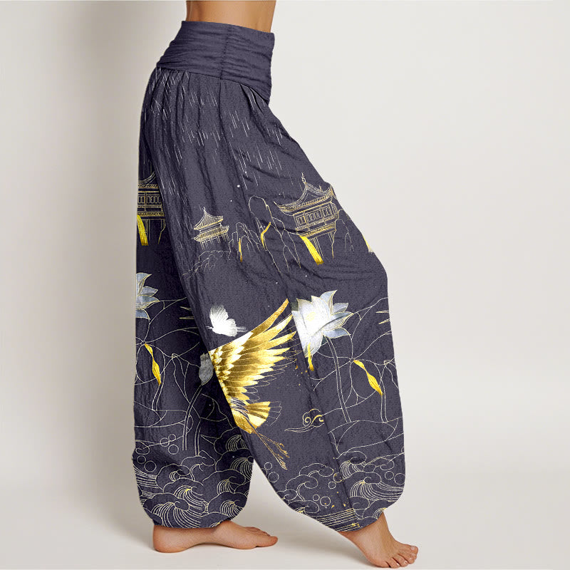 Buddha Stones Cotton Crane Lotus Mountain Pavilion Pattern Women's Elastic Waist Harem Pants - image 10
