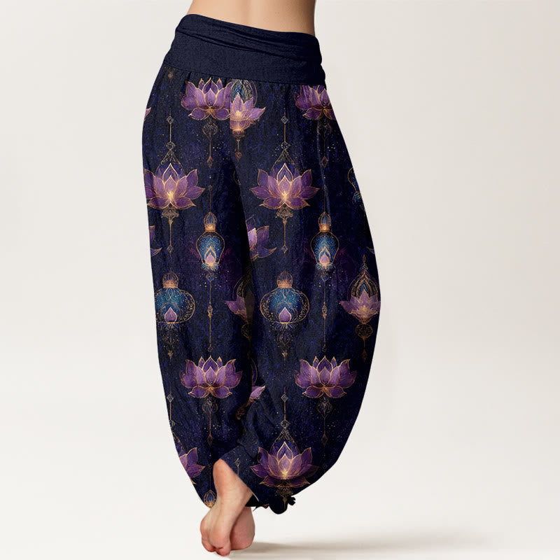 Buddha Stones Cotton Gorgeous Lotus Lantern Pattern Women's Elastic Waist Harem Pants - image 1