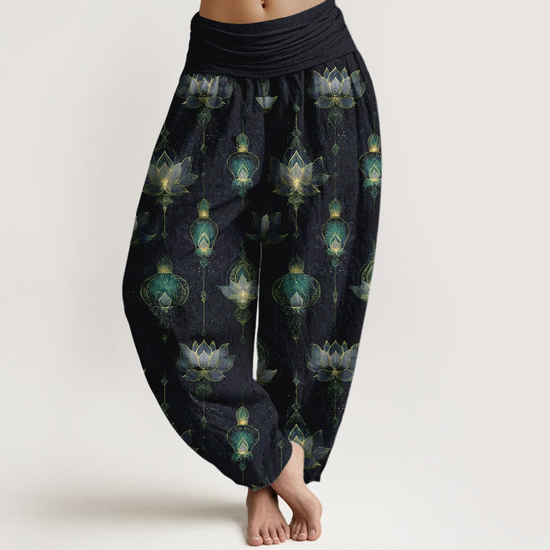 Buddha Stones Cotton Gorgeous Lotus Lantern Pattern Women's Elastic Waist Harem Pants - MidnightBlue - US16，UK/AU20，EU48 (3XL) - image 5