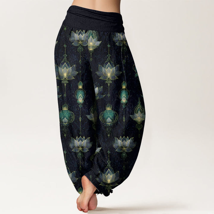 Buddha Stones Cotton Gorgeous Lotus Lantern Pattern Women's Elastic Waist Harem Pants - image 6