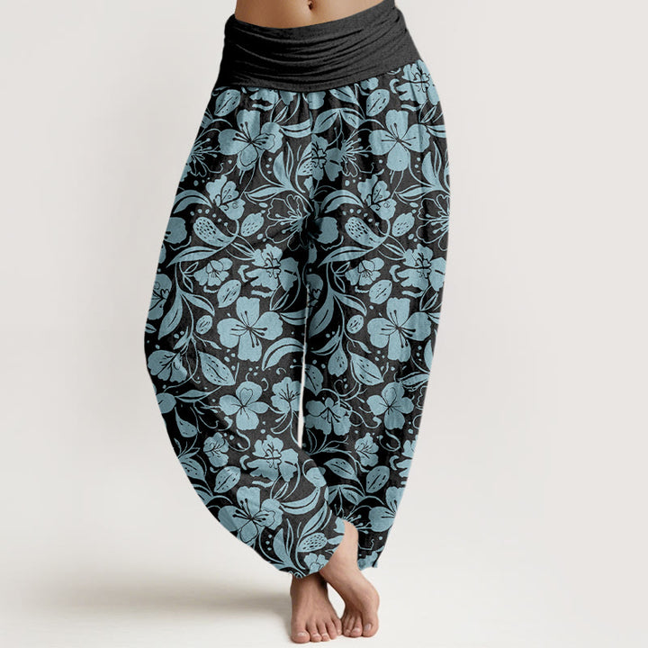 Buddha Stones Cotton Repeated Flowers Leaves Pattern Women's Elastic Waist Harem Pants - Black - US16，UK/AU20，EU48 (3XL) - image 8
