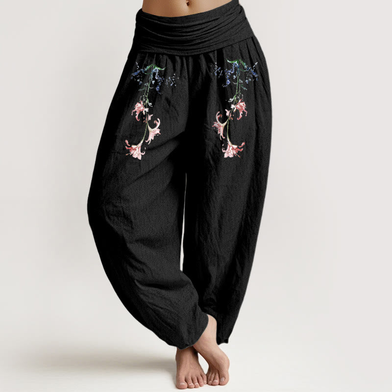 Buddha Stones Pure Cotton Simple Pastel Flower Pattern Women's Elastic Waist Harem Pants - Black - US16，UK/AU20，EU48 (3XL) - image 0