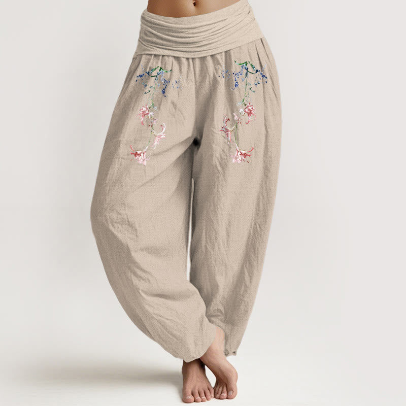 Buddha Stones Pure Cotton Simple Pastel Flower Pattern Women's Elastic Waist Harem Pants - Tan - US16，UK/AU20，EU48 (3XL) - image 11