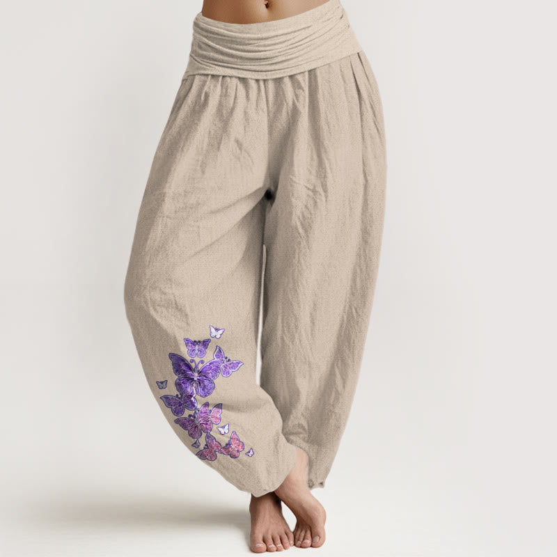 Buddha Stones Pure Cotton Pastel Butterfly Pattern Women's Elastic Waist Harem Pants - Tan - US16，UK/AU20，EU48 (3XL) - image 11