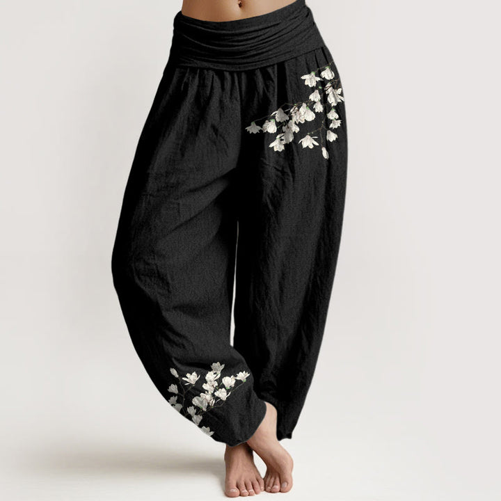 Buddha Stones Pure Cotton Simple Magnolia Flower Pattern Women's Elastic Waist Harem Pants - Black - US16，UK/AU20，EU48 (3XL) - image 5