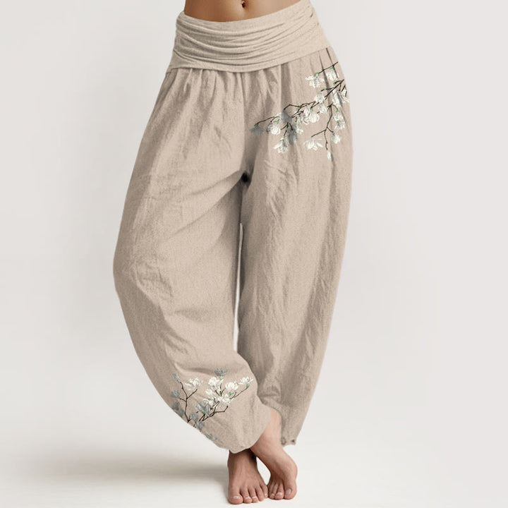 Buddha Stones Pure Cotton Simple Magnolia Flower Pattern Women's Elastic Waist Harem Pants - Tan - US16，UK/AU20，EU48 (3XL) - image 11