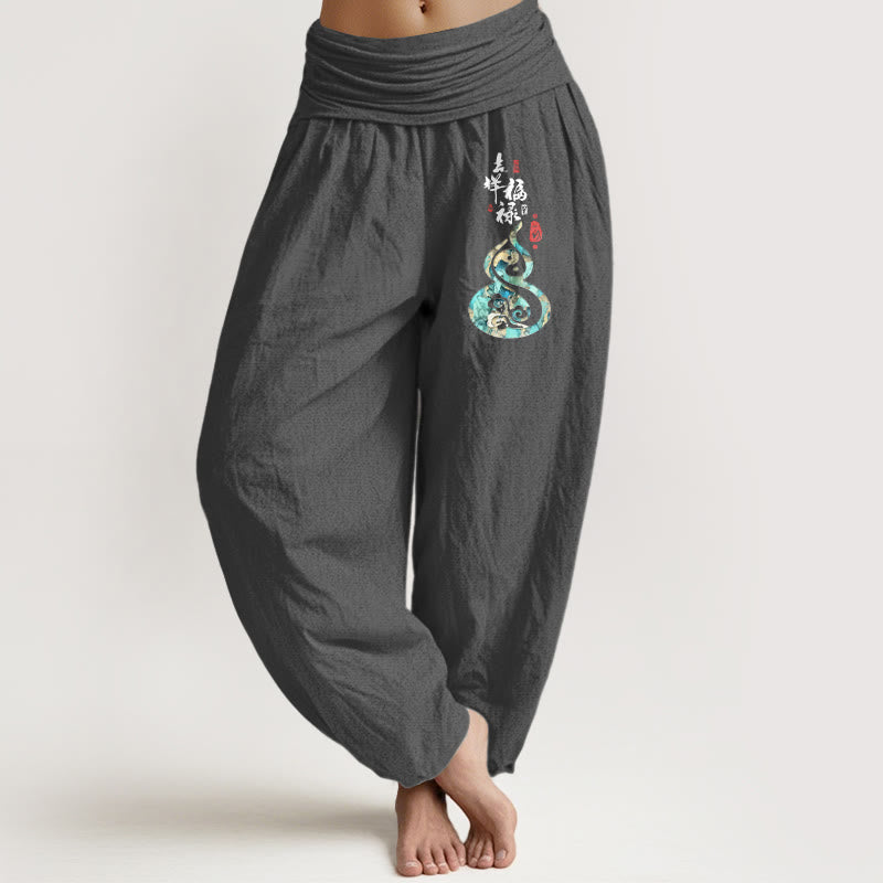 Buddha Stones Pure Cotton Chinese Characters Gourd Pattern Women's Elastic Waist Harem Pants - DimGray - US16，UK/AU20，EU48 (3XL) - image 8
