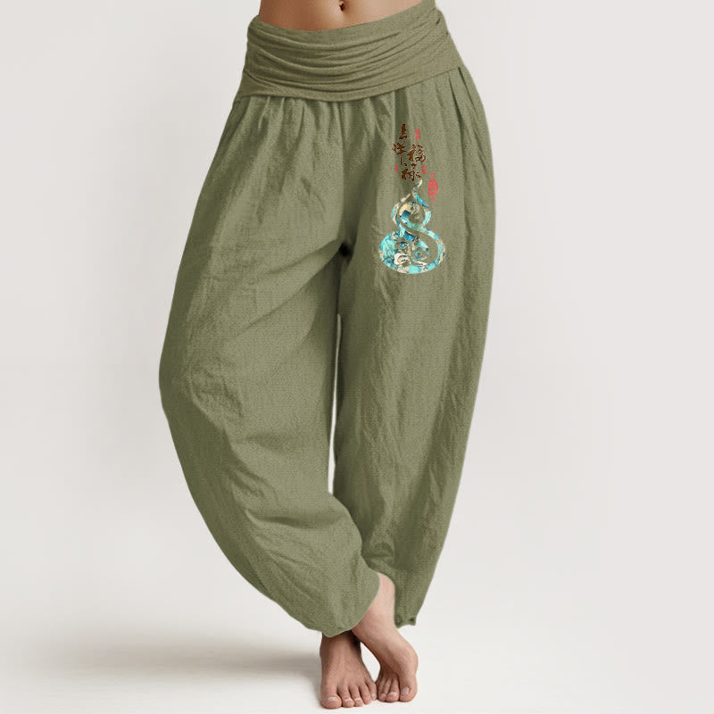 Buddha Stones Pure Cotton Chinese Characters Gourd Pattern Women's Elastic Waist Harem Pants - OliveDrab - US16，UK/AU20，EU48 (3XL) - image 14