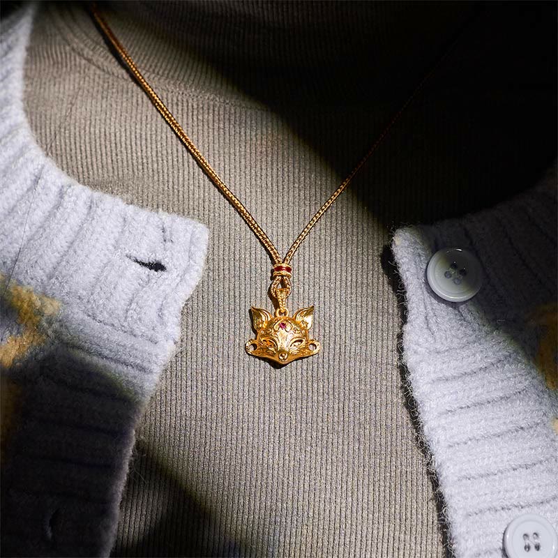 Buddha Stones 24k Gold Plated Brass Fox Charm Texture Rope Necklace Pendant - image 7