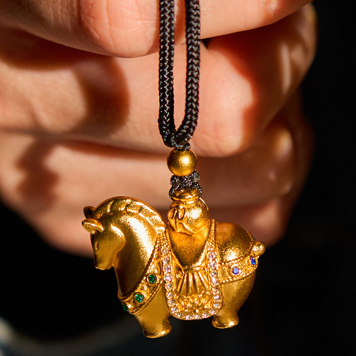 Buddha Stones Year Of The Horse 24k Gold Plated Brass Rope Cord Necklace Pendant - image 5