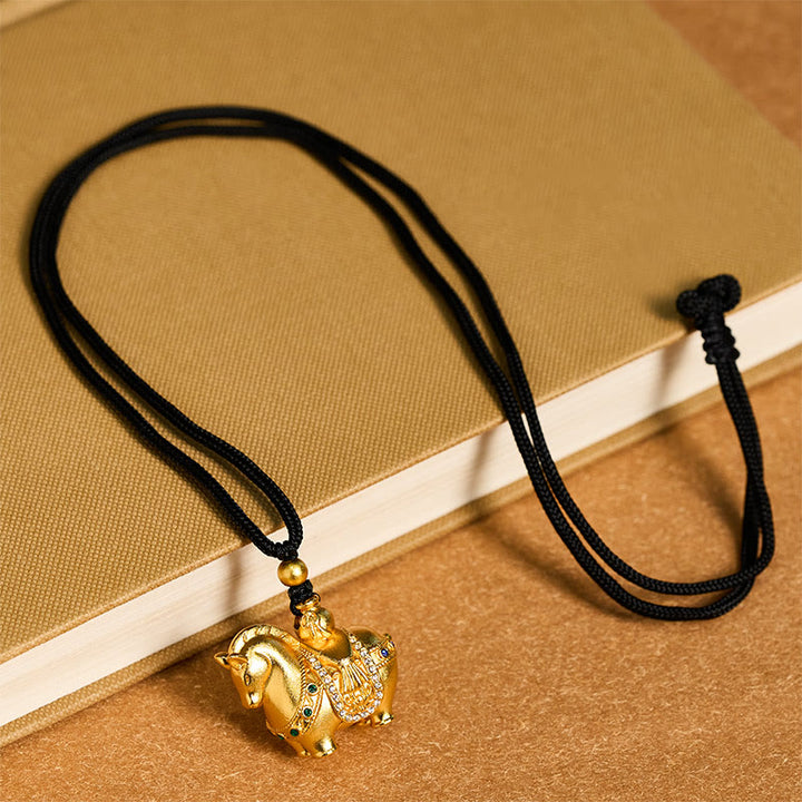 Buddha Stones Year Of The Horse 24k Gold Plated Brass Rope Cord Necklace Pendant - image 4