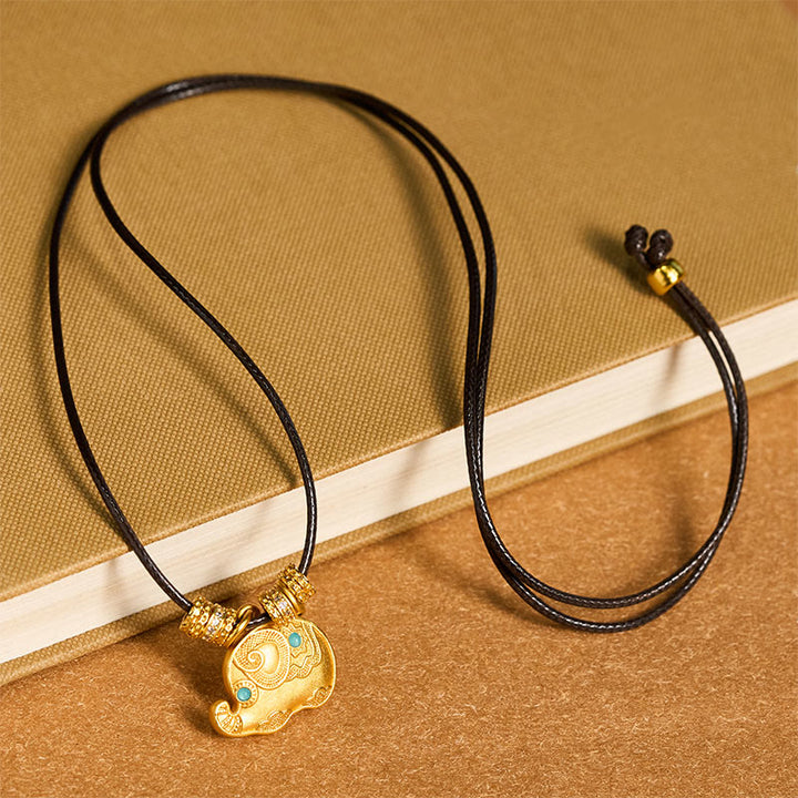 Buddha Stones Elephant Symbol 24k Gold Plated Brass Strength Rope Necklace Pendant - image 4