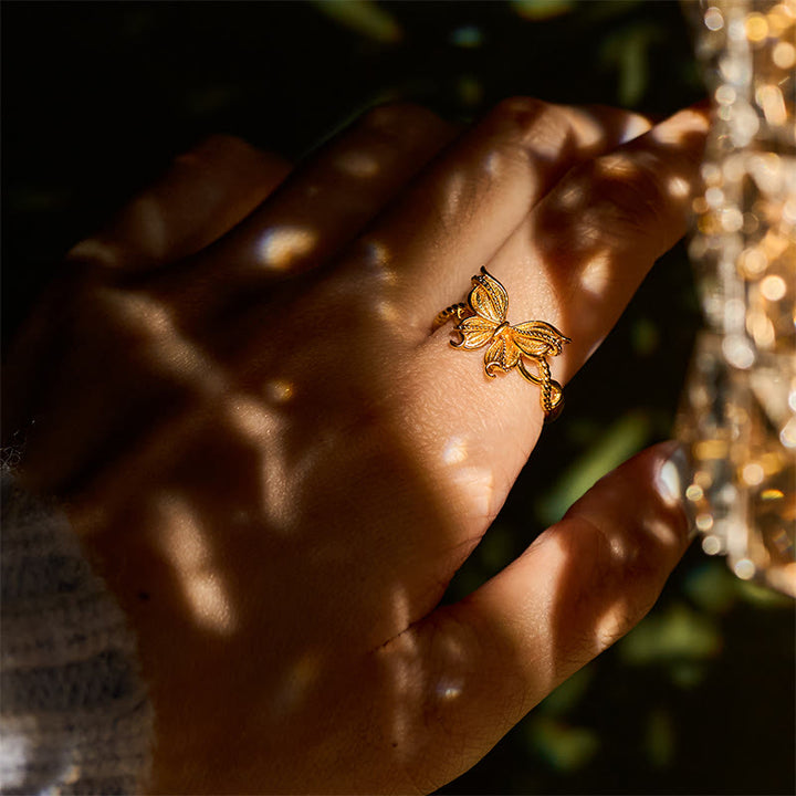 Buddha Stones 24k Gold Plated Brass Butterfly Symbol Adjustable Love Ring - image 11