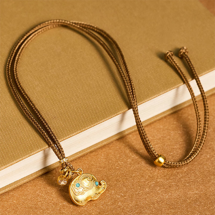 Buddha Stones 24k Gold Plated Brass Elephant Symbol Braided Cord Strength Necklace Pendant - image 3