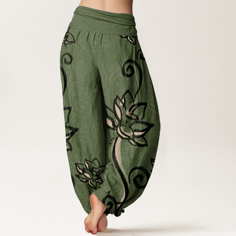 Buddha Stones Cotton Casual Lotus Auspicious Clouds Design Women's Elastic Waist Harem Pants - image 1