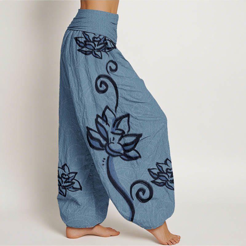 Buddha Stones Cotton Casual Lotus Auspicious Clouds Design Women's Elastic Waist Harem Pants - image 6