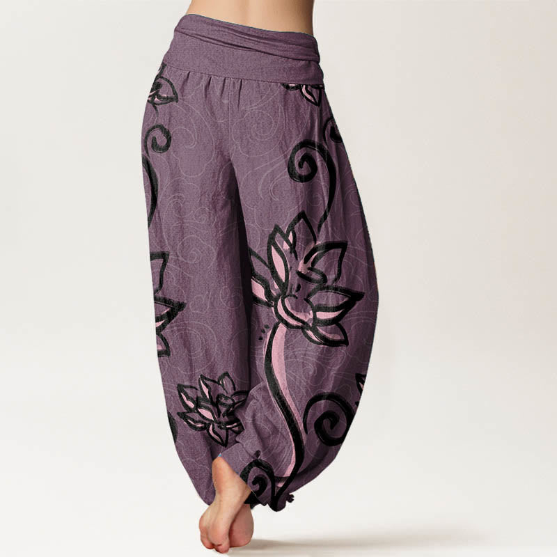 Buddha Stones Cotton Casual Lotus Auspicious Clouds Design Women's Elastic Waist Harem Pants - image 8