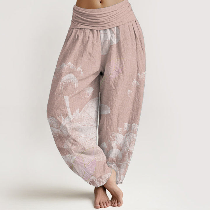 Buddha Stones Cotton Pink And White Lotus Women's Elastic Waist Harem Pants - DarkSalmon - US22，UK/AU26，EU54 (6XL) - image 0