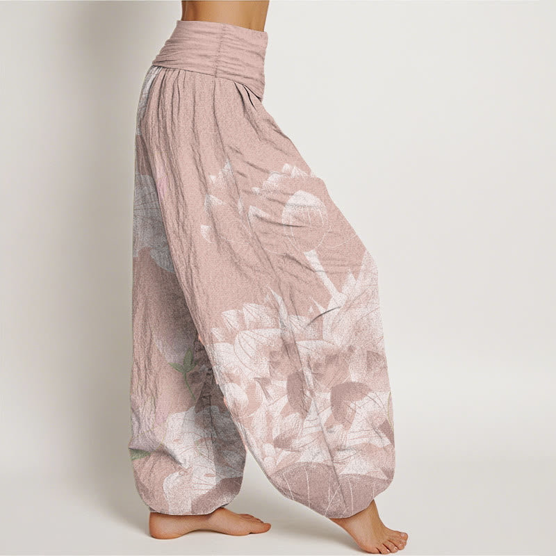Buddha Stones Cotton Pink And White Lotus Women's Elastic Waist Harem Pants - image 2
