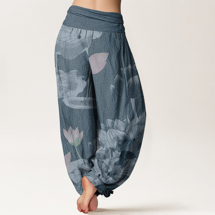 Buddha Stones Cotton Pink And White Lotus Women's Elastic Waist Harem Pants - image 5