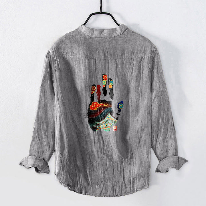 Buddha Stones Handprints Architecture Pattern Half Buttons Men's Cotton Linen Long Sleeve Shirt - Gray - US/UK/AU50，EU60 (5XL) - image 3