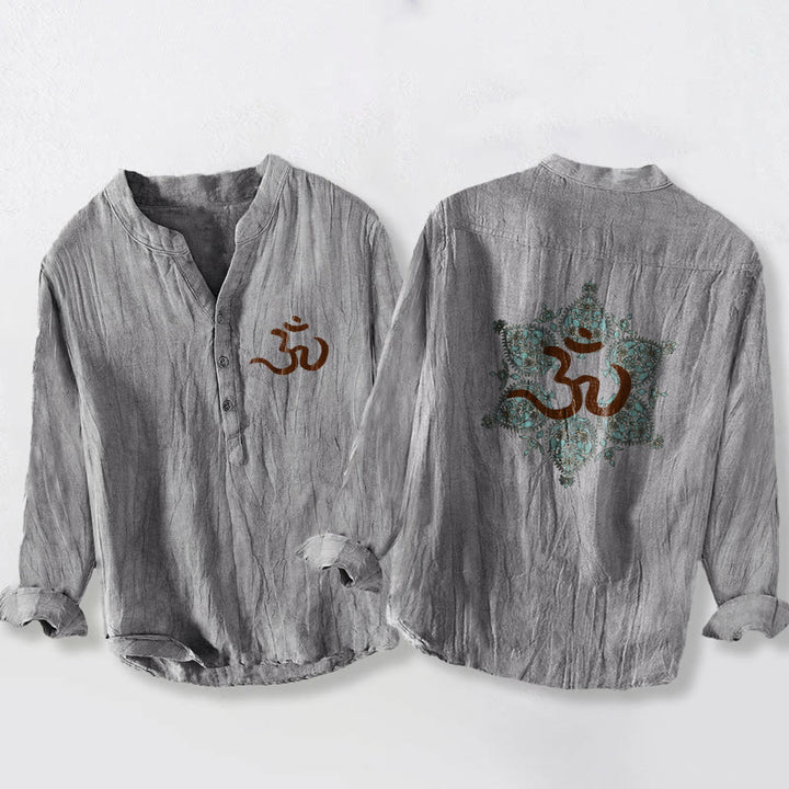 Buddha Stones Om Symbol Symmetrical Mandala Pattern Half Buttons Men's Cotton Linen Long Sleeve Shirt - Gray - US/UK/AU50，EU60 (5XL) - image 3