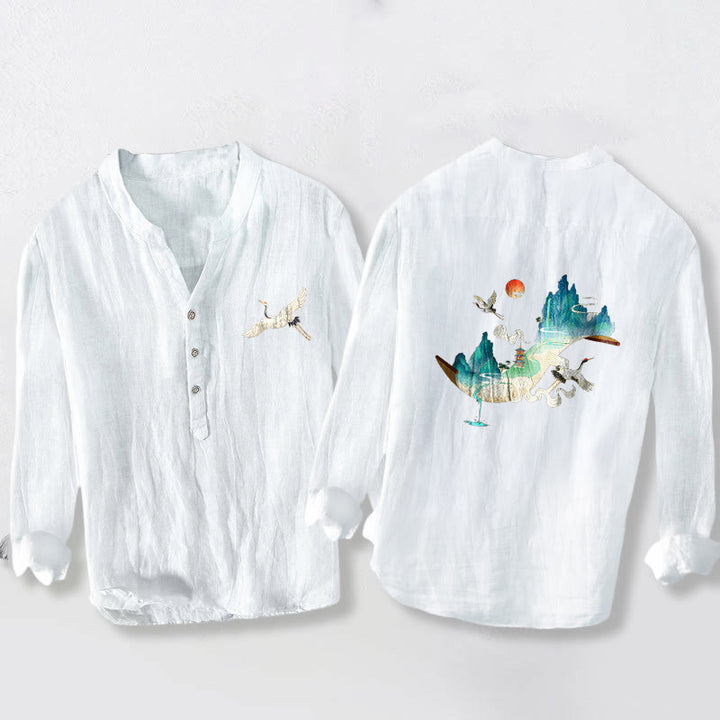 Buddha Stones Mountains Cranes Cloud Pattern Half Buttons Men's Cotton Linen Long Sleeve Shirt - White - US/UK/AU50，EU60 (5XL) - image 6