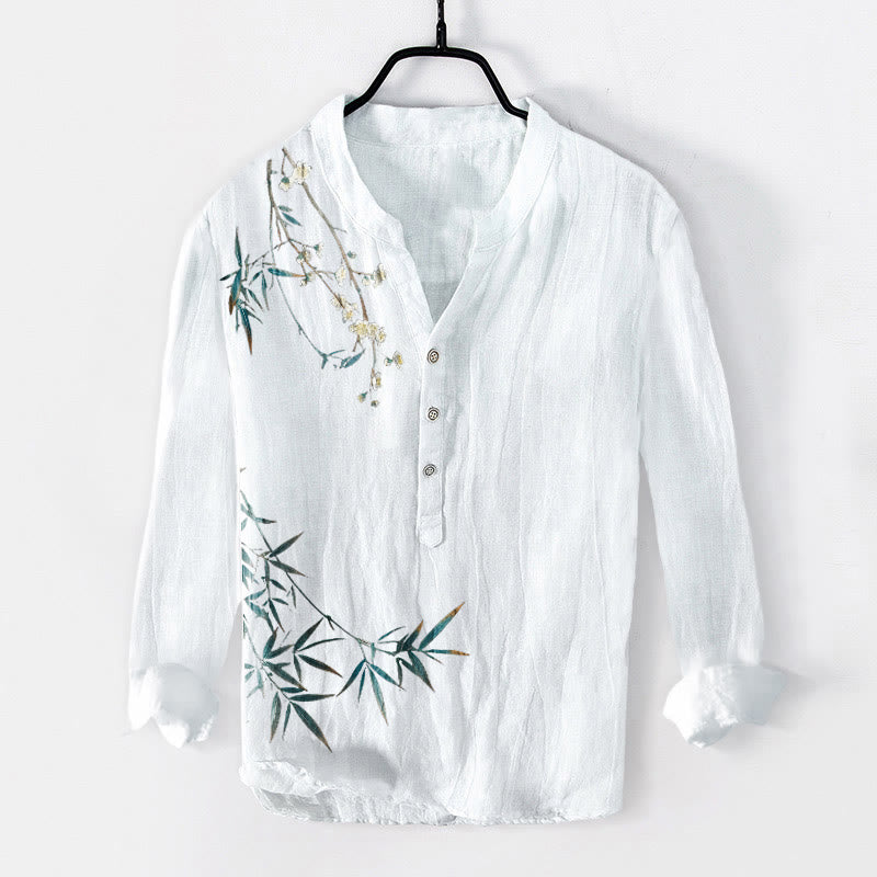 Buddha Stones Bamboo Leaves White Plum Blossoms Pattern Cotton Linen Men's Long Sleeve Shirt - White - US/UK/AU50，EU60 (5XL) - image 6