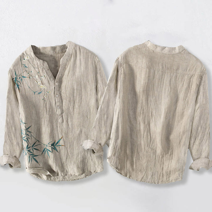 Buddha Stones Bamboo Leaves White Plum Blossoms Pattern Cotton Linen Men's Long Sleeve Shirt - image 2