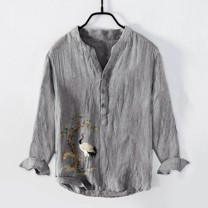 Buddha Stones Cranes Pine Tree Pattern Half Buttons Cotton Linen Men's Long Sleeve Shirt - Gray - US/UK/AU50，EU60 (5XL) - image 3