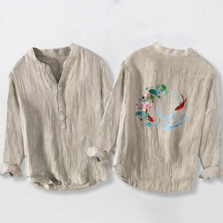 Buddha Stones Koi Fish Lotus Flowers Leaves Pattern Half Buttons Long Sleeve Men's Cotton Linen Shirt - image 5