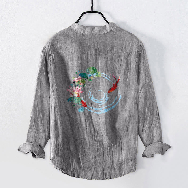 Buddha Stones Koi Fish Lotus Flowers Leaves Pattern Half Buttons Long Sleeve Men's Cotton Linen Shirt - Gray - US/UK/AU50，EU60 (5XL) - image 0