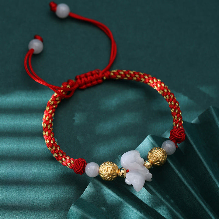 Buddha Stones Chinese Zodiac Jade Silver Beads Year Of The Horse Red String Luck Bracelet - Rat(Wrist Circumference: 14-20 cm) - image 1