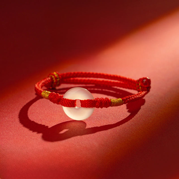 Buddha Stones White Chalcedony Peace Buckle Braided Connection Bracelet - Red Rope - 18-19 CM - image 0