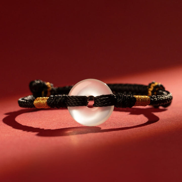 Buddha Stones White Chalcedony Peace Buckle Braided Connection Bracelet - Black Rope - 18-19 CM - image 11