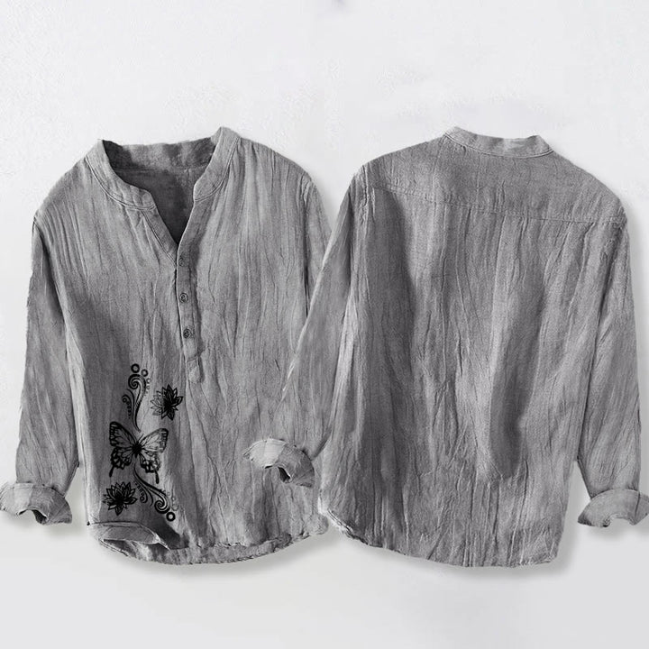 Buddha Stones Butterfly Lotus Pattern Half Buttons Long Sleeve Men's Cotton Linen Shirt - image 5