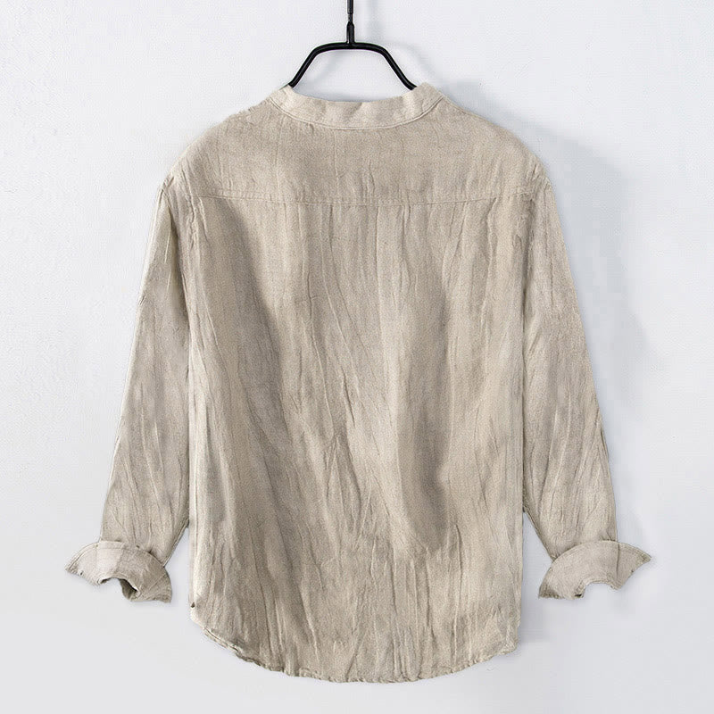 Buddha Stones Butterfly Lotus Pattern Half Buttons Long Sleeve Men's Cotton Linen Shirt - image 1