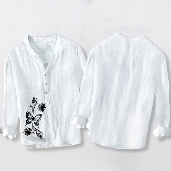 Buddha Stones Butterfly Lotus Pattern Half Buttons Long Sleeve Men's Cotton Linen Shirt - image 8