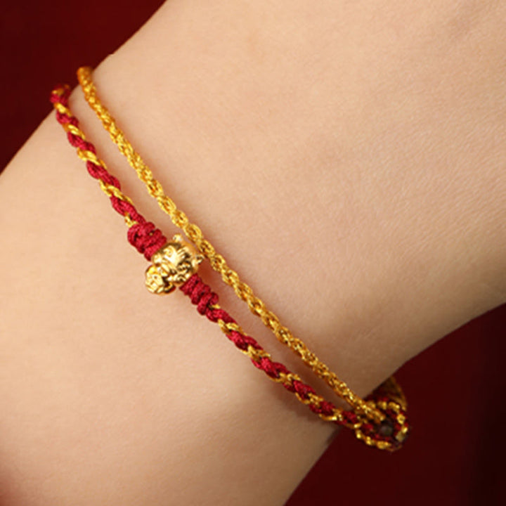Buddha Stones 999 Gold Beads Year Of The Horse Double Wrap Golden Red String Luck Bracelet - image 3