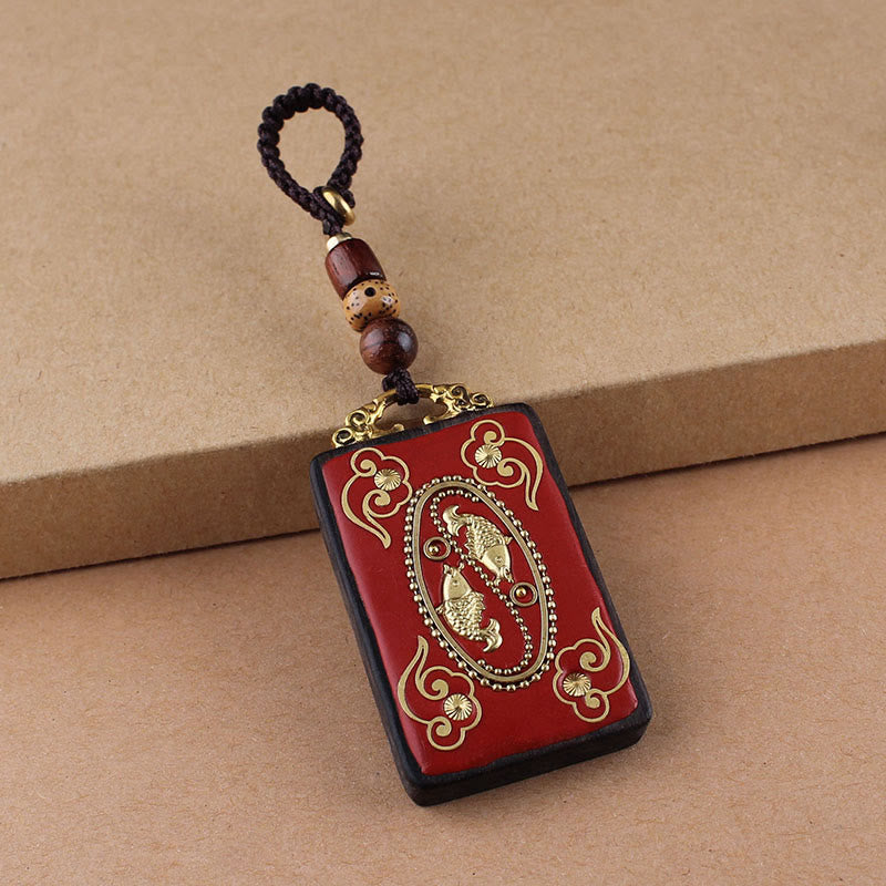 Buddha Stones Ebony Flower Koi Fish Fu Character Button Rope Key Chain - Brown Button Rope - Koi Fish - image 2