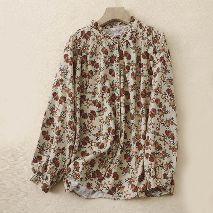 Buddha Stones Fall Floral Print Buttons Down Design Women's Cotton Long Sleeve Shirt - Beige - US12，UK/AU16，EU44 (2XL) - image 0
