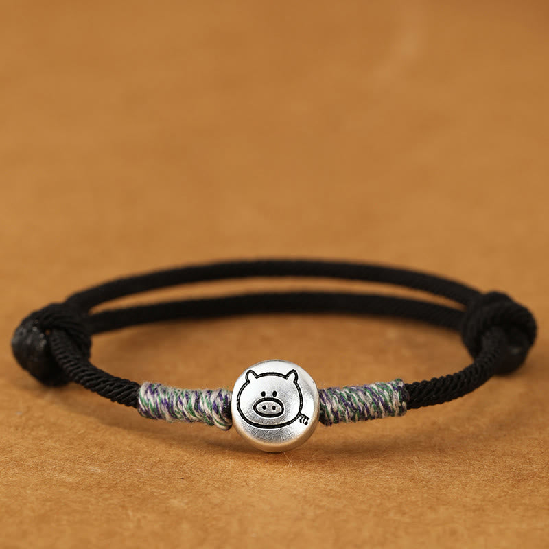 Buddha Stones 999 Sterling Silver Year Of The Horse Chinese Zodiac String Braided Luck Bracelet - Pig Black String - 19-23cm - image 54