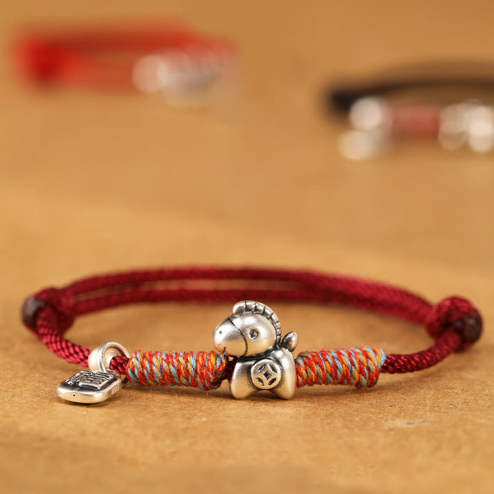 Buddha Stones 999 Sterling Silver Year Of The Horse Fu Character Charm String Braided Luck Bracelet - image 3