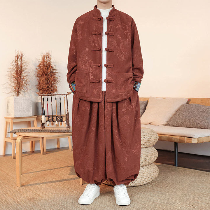 Buddha Stones 2Pcs Fall Winter Men's Tang Suit Dragon Frog-Button Cotton Long Sleeve Jacket Pants Set - Chocolate - US/UK/AU46，EU56 (5XL) - image 10