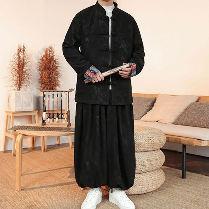 Buddha Stones 2Pcs Fall Winter Men's Tang Suit Dragon Frog-Button Cotton Long Sleeve Jacket Pants Set - image 3