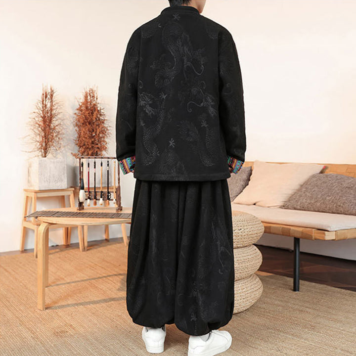 Buddha Stones 2Pcs Fall Winter Men's Tang Suit Dragon Frog-Button Cotton Long Sleeve Jacket Pants Set - image 4