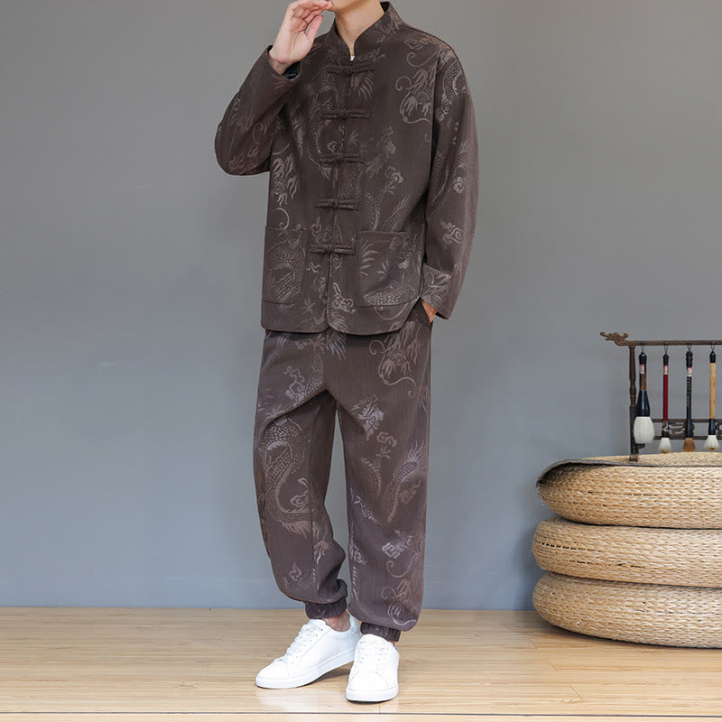 Buddha Stones 2Pcs Fall Winter Men's Tang Suit Dragon Frog-Button Cotton Corduroy Long Sleeve Jacket Pants Set With Pockets - image 1