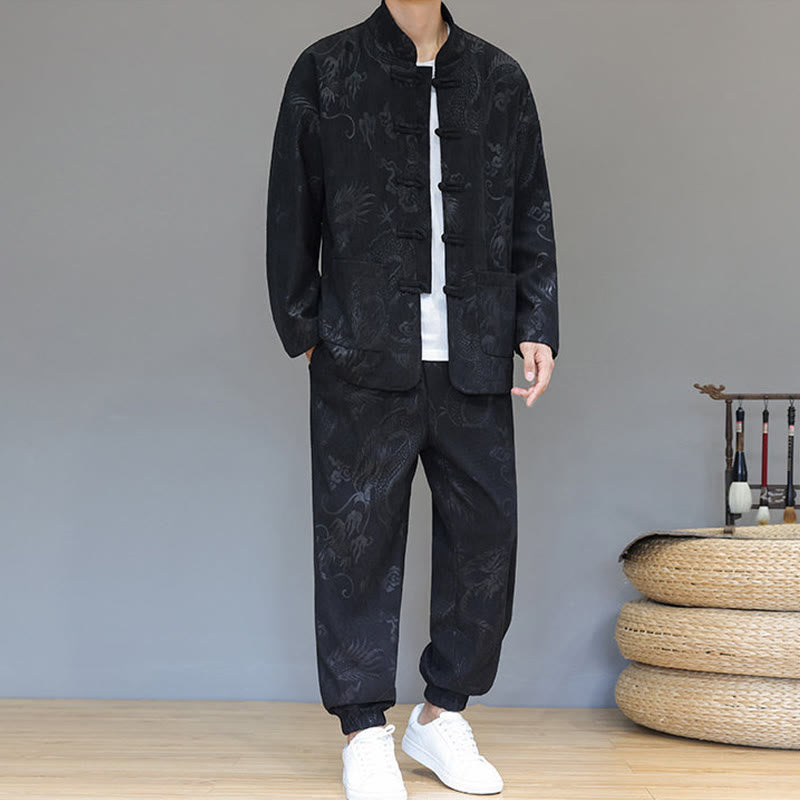 Buddha Stones 2Pcs Fall Winter Men's Tang Suit Dragon Frog-Button Cotton Corduroy Long Sleeve Jacket Pants Set With Pockets - image 13