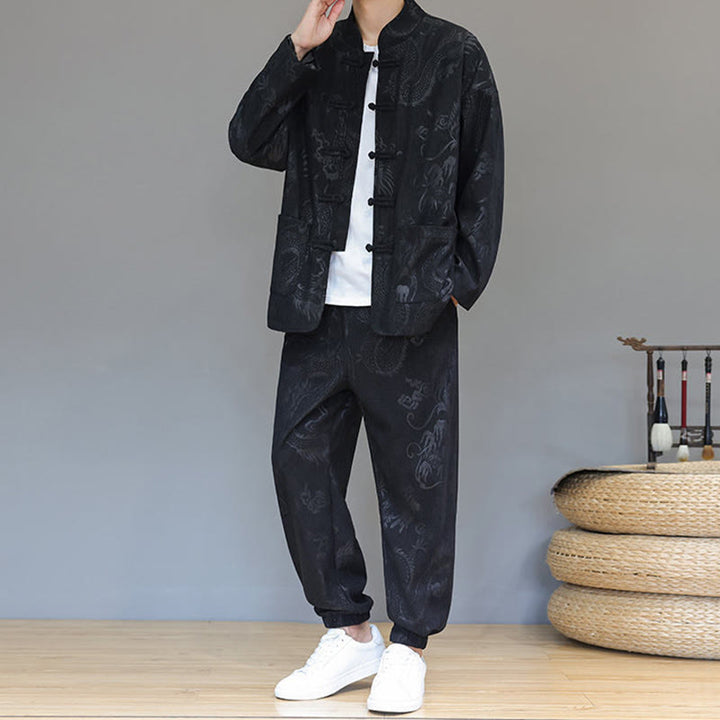 Buddha Stones 2Pcs Fall Winter Men's Tang Suit Dragon Frog-Button Cotton Corduroy Long Sleeve Jacket Pants Set With Pockets - image 18